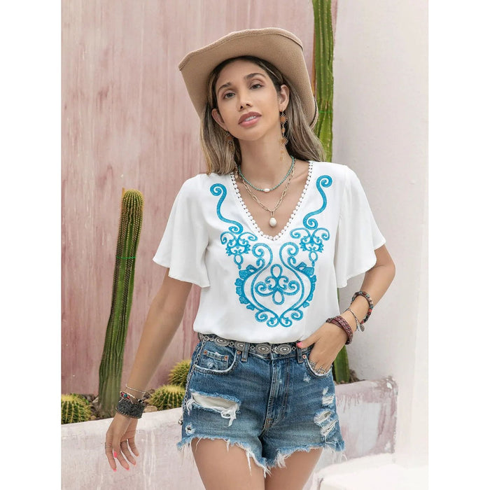 Graphic V-Neck Flutter Sleeve T-Shirt