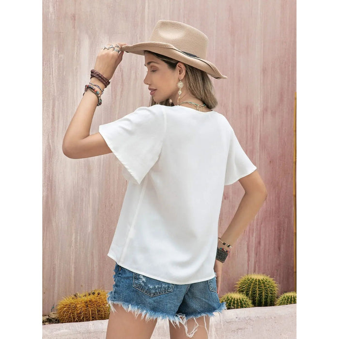 Graphic V-Neck Flutter Sleeve T-Shirt