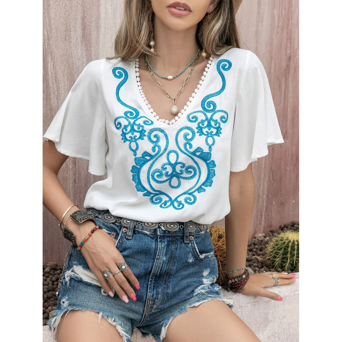 Graphic V-Neck Flutter Sleeve T-Shirt