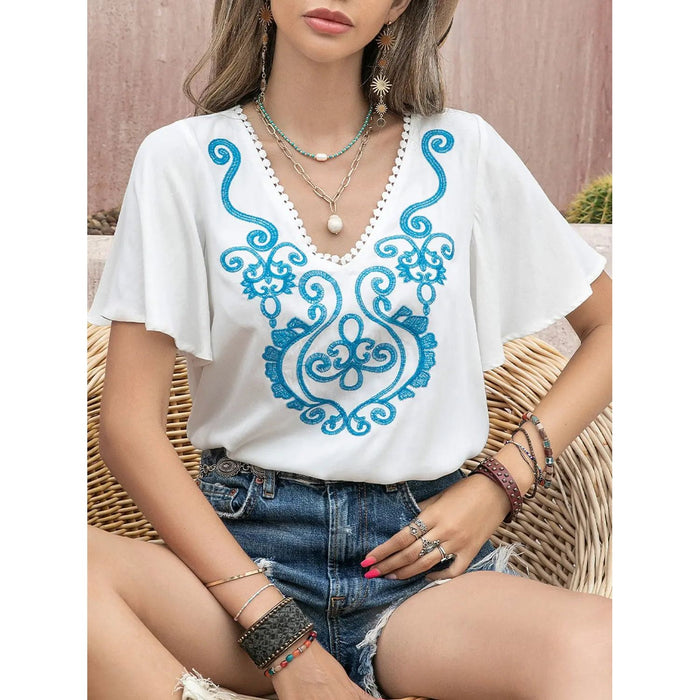 Graphic V-Neck Flutter Sleeve T-Shirt