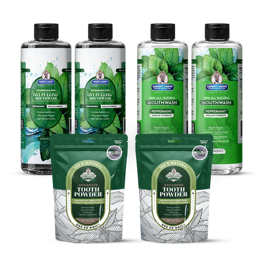 Garner's Garden 2 Pack Oral Care Package | Trio | H2O2 | Fluoride Free Packages White Smoke 2 x 16oz Regular Peppermint Mouthwash & Oxy Pulling / 2 x 2oz Organic Tooth Powder