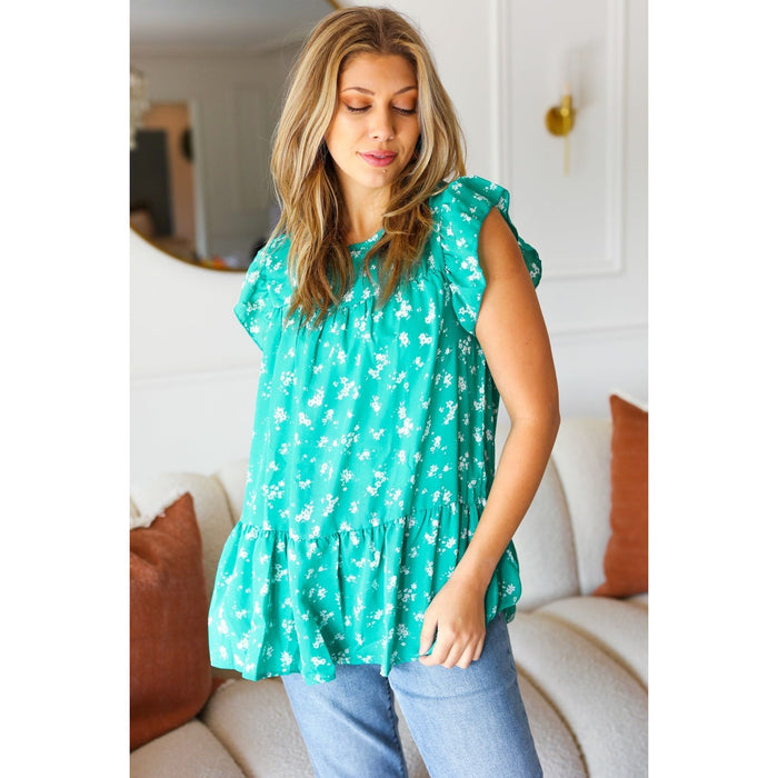 Mint Floral Yoke Flutter Sleeve Keyhole Back Top