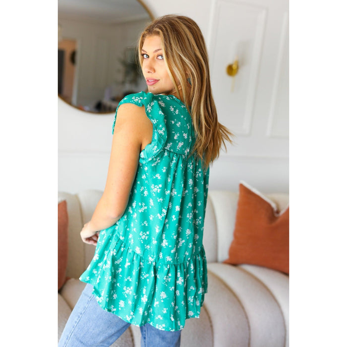 Mint Floral Yoke Flutter Sleeve Keyhole Back Top