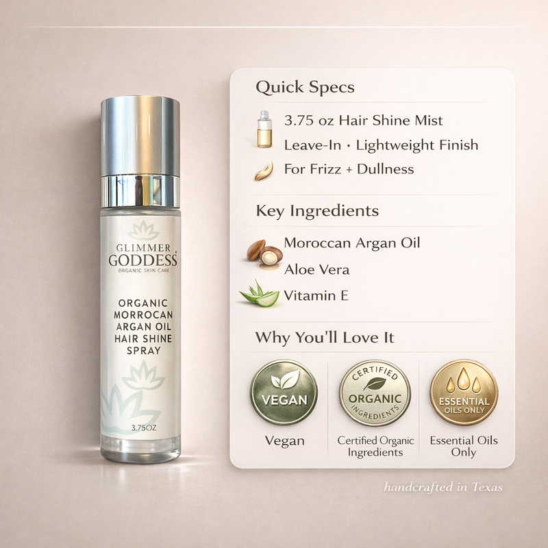 Glimmer Goddess® Organic Skin Care Organic Hair Shine Spray – Frizz Control & Hydrating Hair Growth