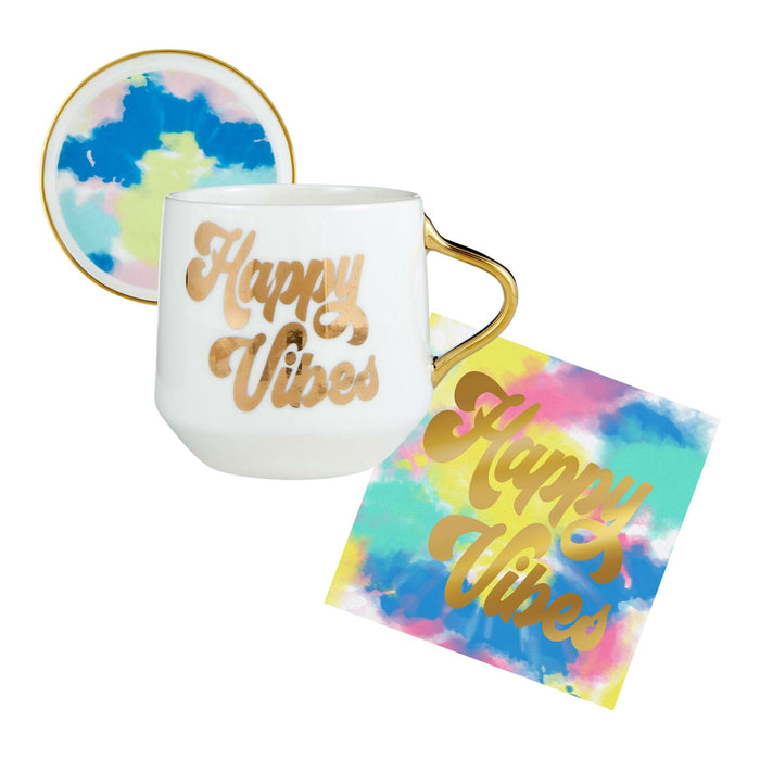 Happy Vibes Coaster Mug and Cocktail Napkin Bundle | Giftable Drinkware Set