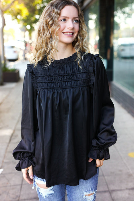 Black Satin Shirred Yoke Frilled Mock Neck Top