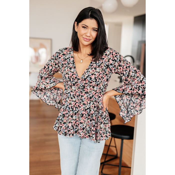 Have It All Angel Sleeve Top in Black Floral