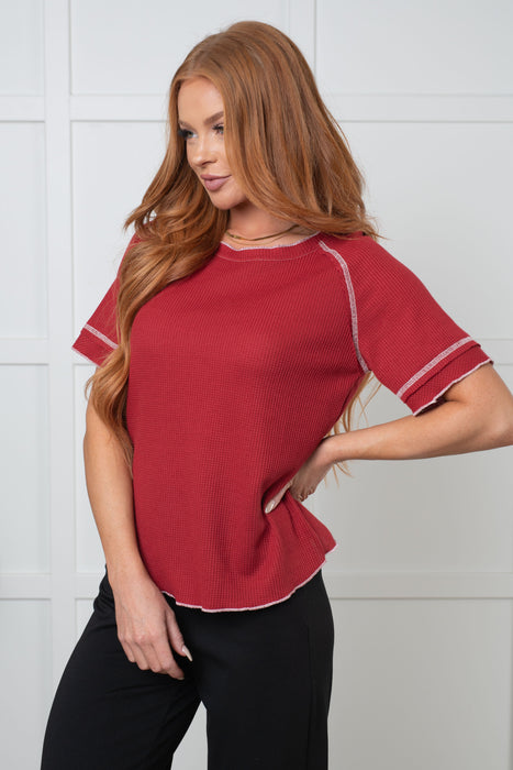 Waffle Knit Tee in Cranberry