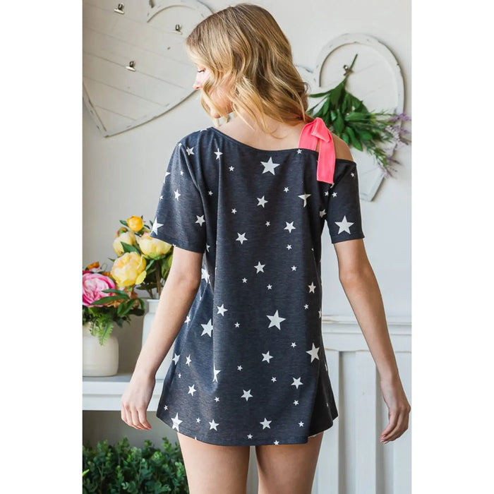 Heimish Star Print Asymmetrical Neck Short Sleeve Top