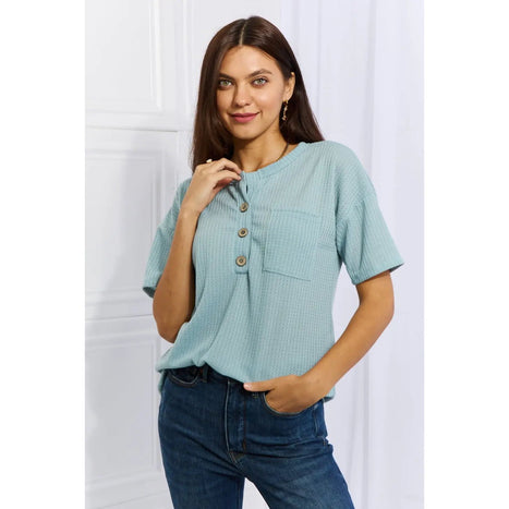 Heimish Made For You 1/4 Button Down Waffle Top in Blue