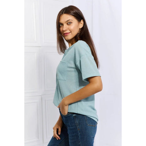 Heimish Made For You 1/4 Button Down Waffle Top in Blue