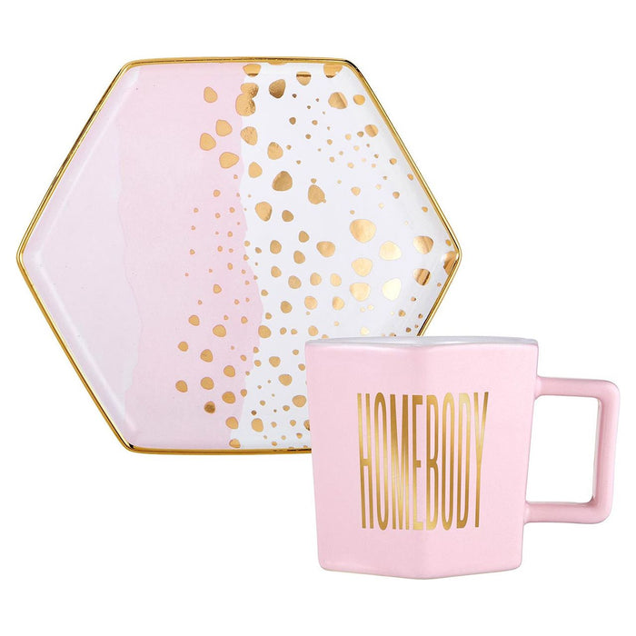 The Bullish Store - Homebody Hexagon Mug And Saucer Set In Pink With Gold Dot Pattern