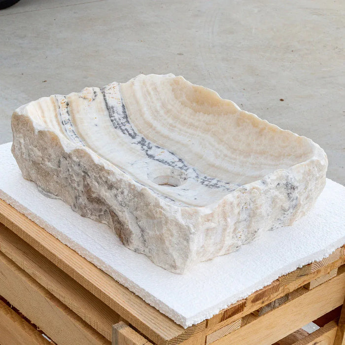 Honey Onyx Rectangular Above Vanity Bathroom Sink Polished Interior Hand-chiseled Exterior