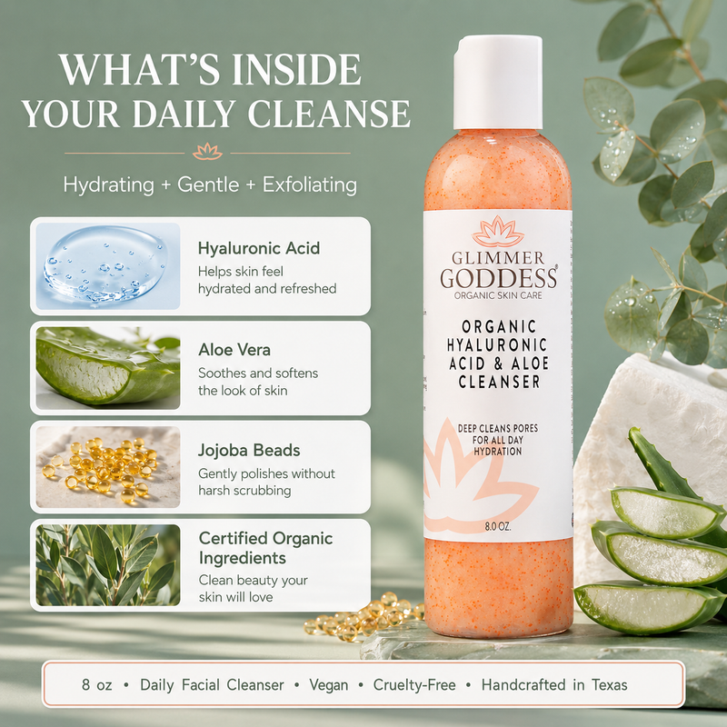 Glimmer Goddess® Organic Skin Care Organic Hydrating Facial Cleanser with Exfoliating Jojoba Beads – 8 oz Cleansers & Scrubs