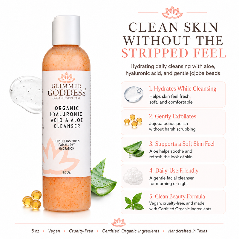 Glimmer Goddess® Organic Skin Care Organic Hydrating Facial Cleanser with Exfoliating Jojoba Beads – 8 oz Cleansers & Scrubs