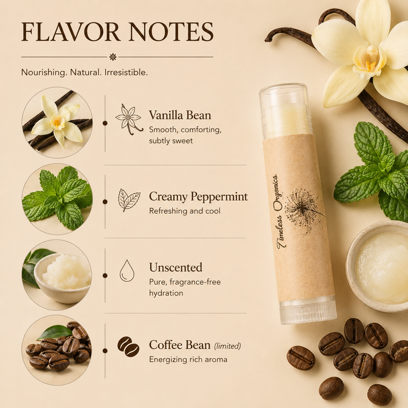 Timeless Organics Skin Care Lip Saver Lip Balm Wheat Vanilla Bean,Creamy Peppermint,Unscented,Coffee Bean *limited batch*