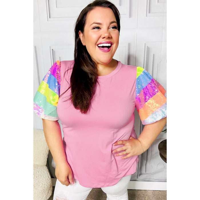 Stand Out Pink Rainbow Sequin Puff Sleeve Top