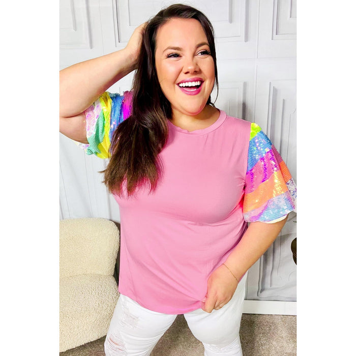 Stand Out Pink Rainbow Sequin Puff Sleeve Top