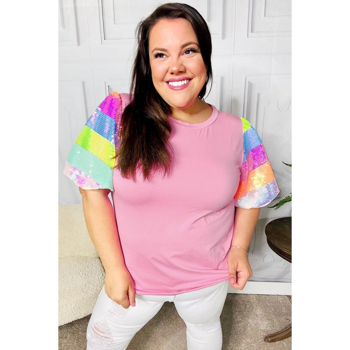 Stand Out Pink Rainbow Sequin Puff Sleeve Top