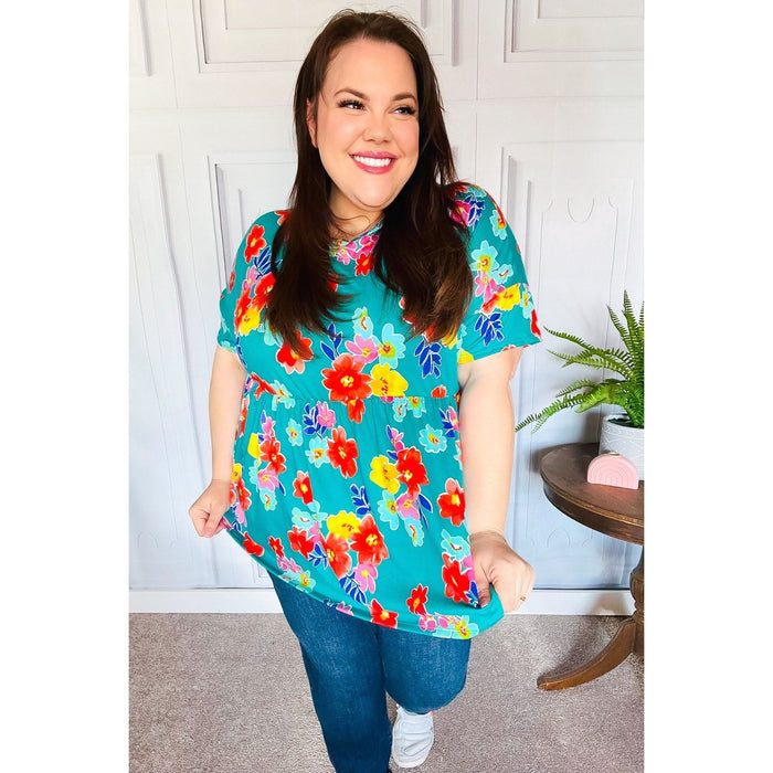 Take Me Away Teal Floral Drop Shoulder Babydoll Top