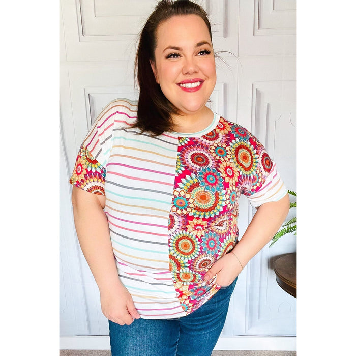 Always Fun Ivory & Fuchsia Stripe and Crochet Print Top