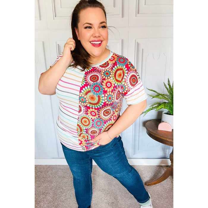 Always Fun Ivory & Fuchsia Stripe and Crochet Print Top