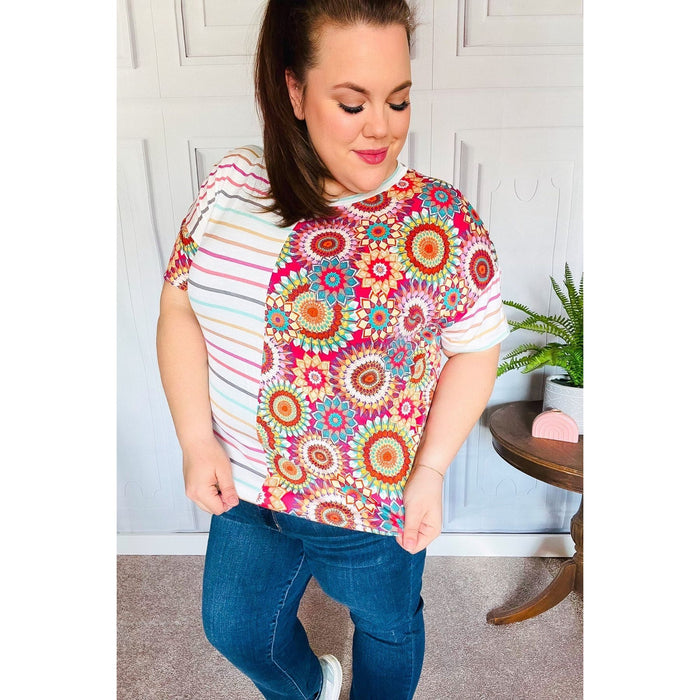 Always Fun Ivory & Fuchsia Stripe and Crochet Print Top