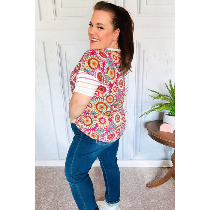 Always Fun Ivory & Fuchsia Stripe and Crochet Print Top