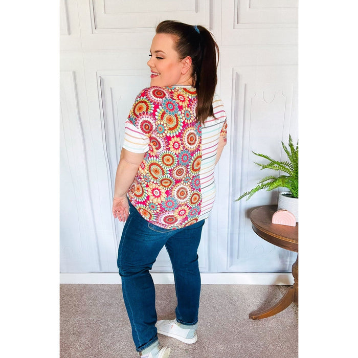 Always Fun Ivory & Fuchsia Stripe and Crochet Print Top