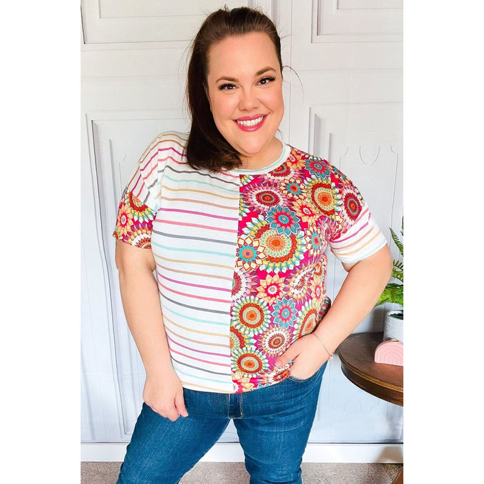 Always Fun Ivory & Fuchsia Stripe and Crochet Print Top