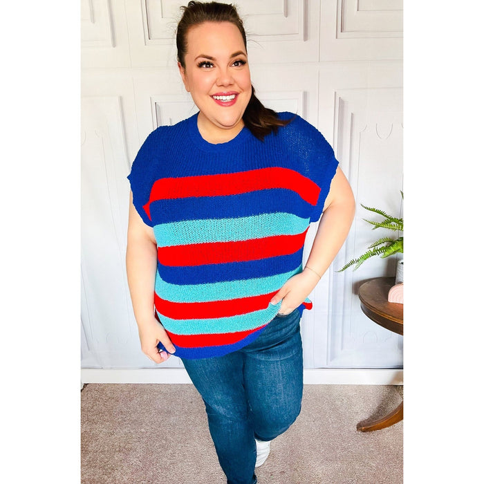 Forget Me Not Royal Blue Stripe Short Sleeve Dolman Sweater