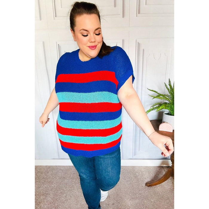 Forget Me Not Royal Blue Stripe Short Sleeve Dolman Sweater