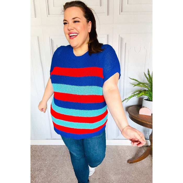 Forget Me Not Royal Blue Stripe Short Sleeve Dolman Sweater