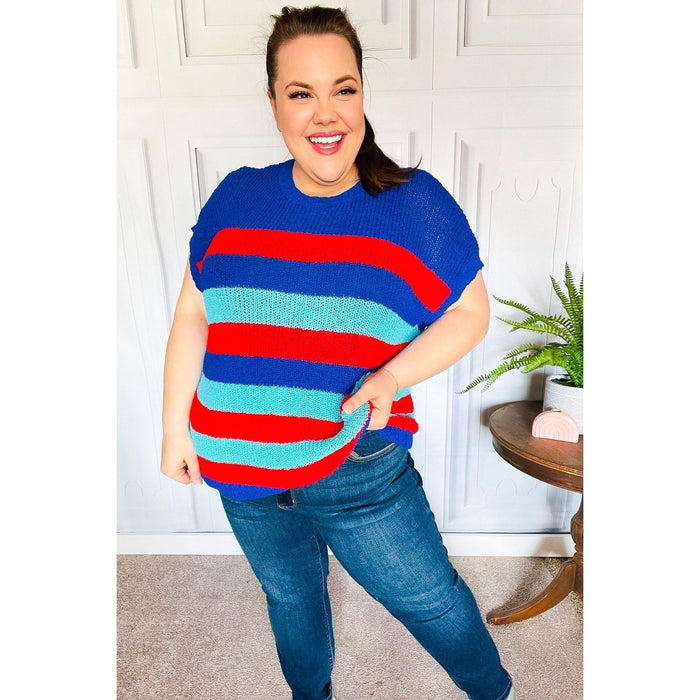 Forget Me Not Royal Blue Stripe Short Sleeve Dolman Sweater