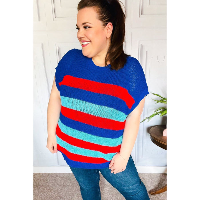 Forget Me Not Royal Blue Stripe Short Sleeve Dolman Sweater