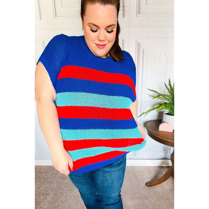 Forget Me Not Royal Blue Stripe Short Sleeve Dolman Sweater