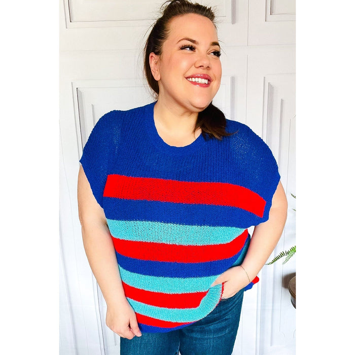 Forget Me Not Royal Blue Stripe Short Sleeve Dolman Sweater