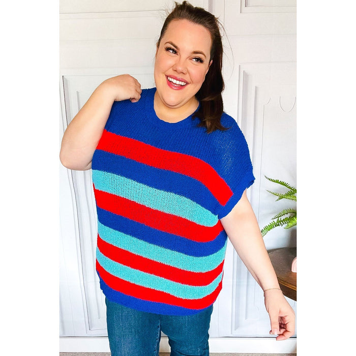 Forget Me Not Royal Blue Stripe Short Sleeve Dolman Sweater