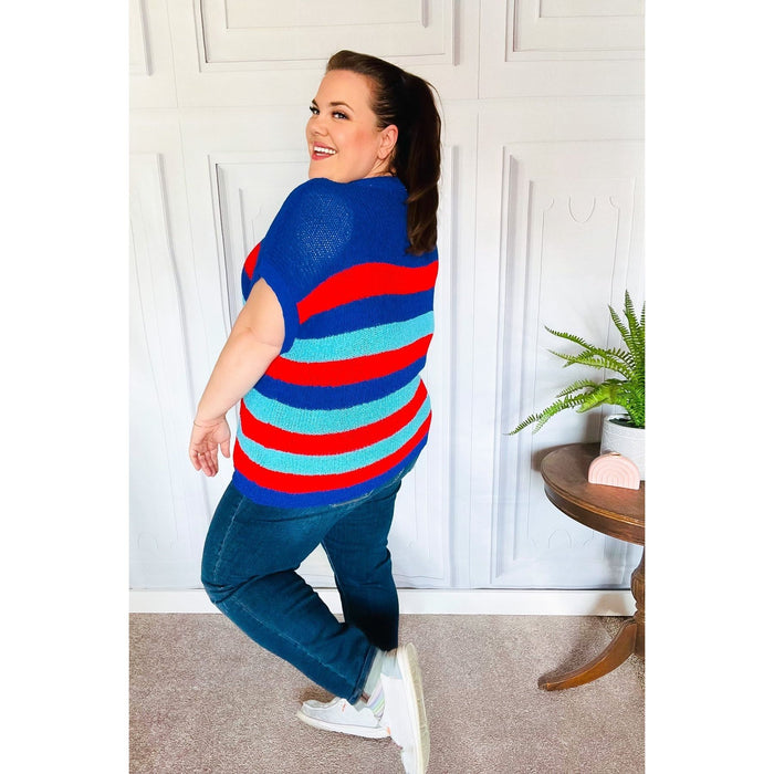 Forget Me Not Royal Blue Stripe Short Sleeve Dolman Sweater