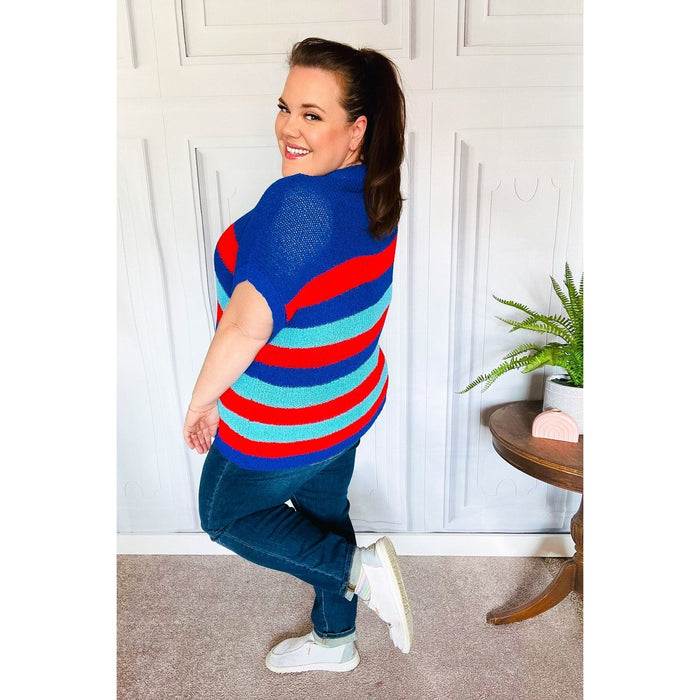 Forget Me Not Royal Blue Stripe Short Sleeve Dolman Sweater