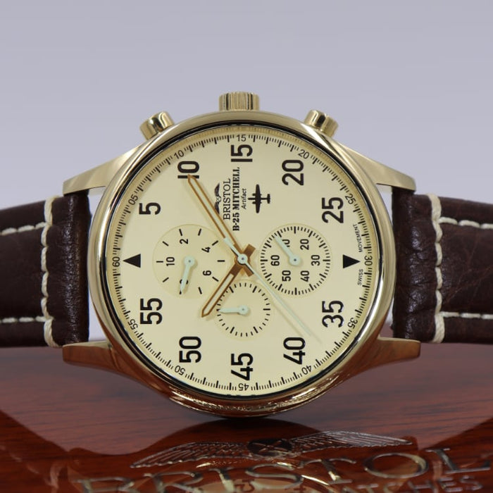 B-25 Mitchell Tribute - Gold Finish, Beige Dial, Brown Leather Band with Stitching