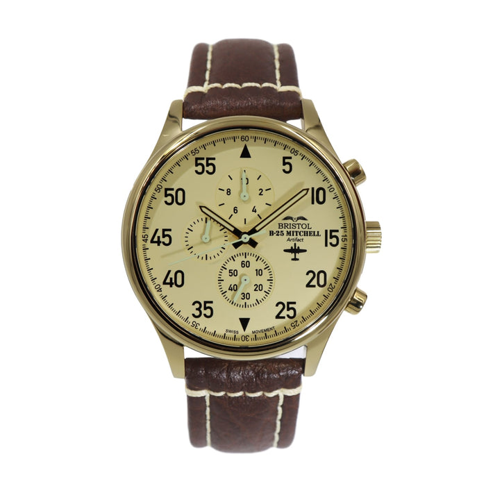 B-25 Mitchell Tribute - Gold Finish, Beige Dial, Brown Leather Band with Stitching