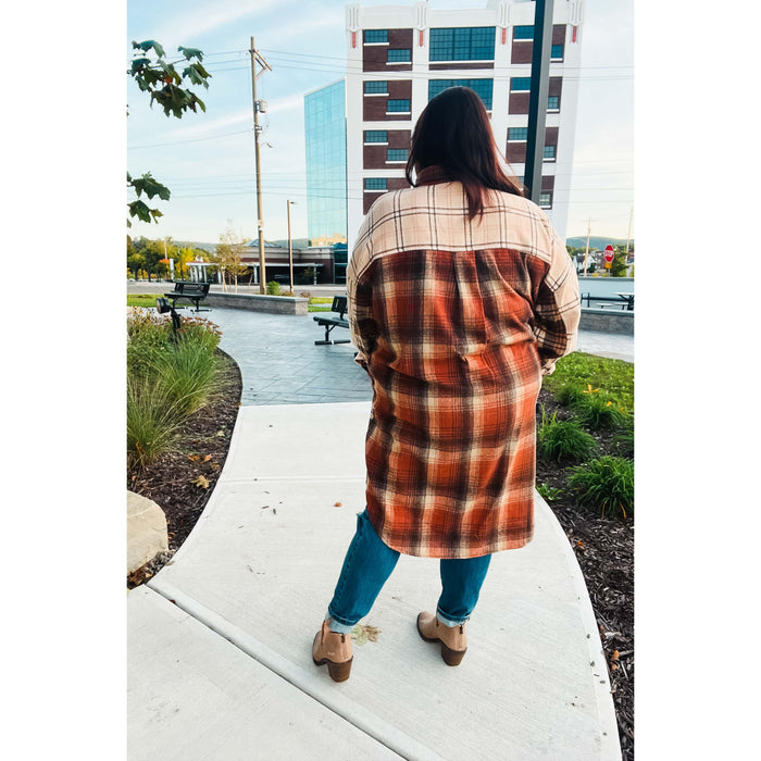 Rust & Taupe Color Block Plaid Longline Shacket