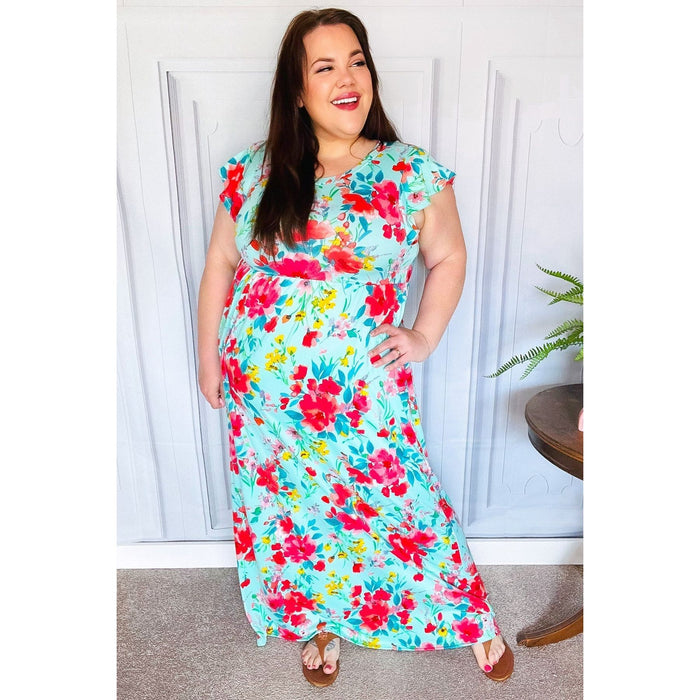 Aqua Floral Fit & Flare Maxi Dress