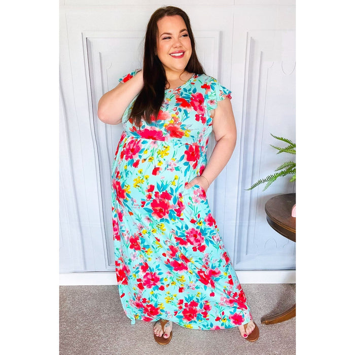 Aqua Floral Fit & Flare Maxi Dress