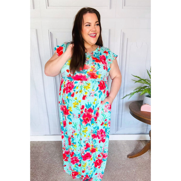 Aqua Floral Fit & Flare Maxi Dress