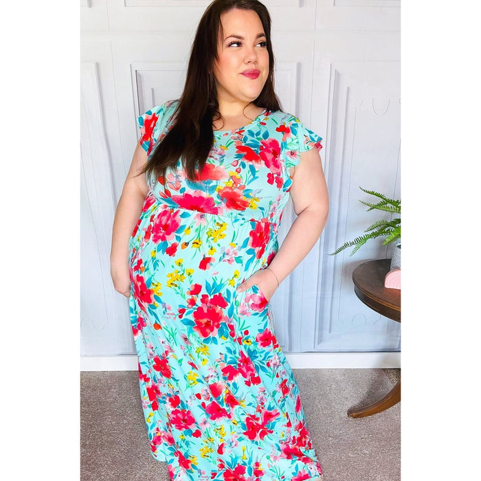 Aqua Floral Fit & Flare Maxi Dress