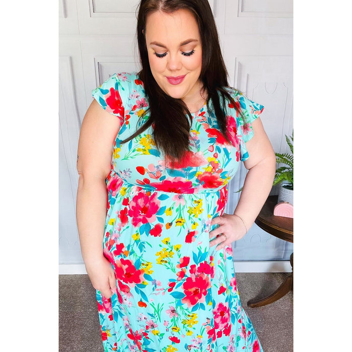 Aqua Floral Fit & Flare Maxi Dress