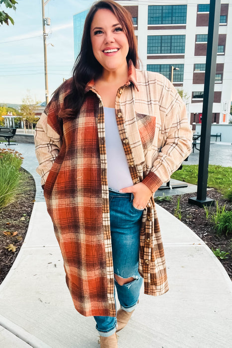 Rust & Taupe Color Block Plaid Longline Shacket