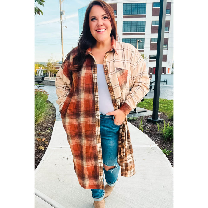 Rust & Taupe Color Block Plaid Longline Shacket